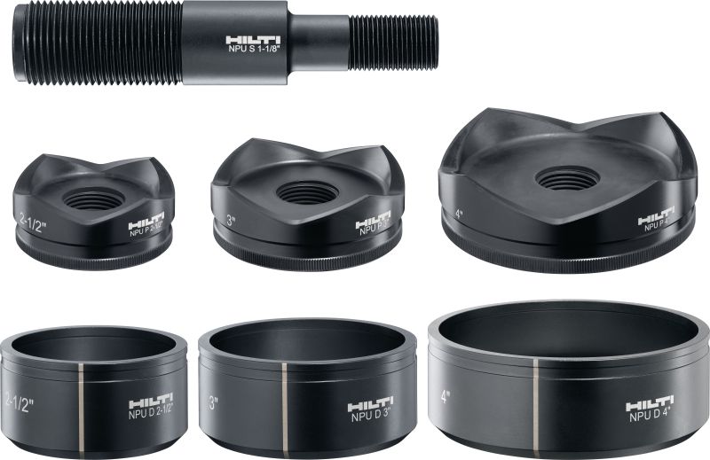 Image 1 of 2: NPU Knockout sets (1/2 to 2”) or (2-1/2 to 4”) Knockout die, punch, and draw stud sets for punching ½ - 4” diameter conduit holes in up to 10-gauge steel