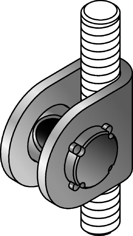 MQS-H 支撐連接件 鍍鋅預組裝螺桿支撐連接件提供更大的調節角度，可連接 2 個螺桿，適用於各式耐震應用