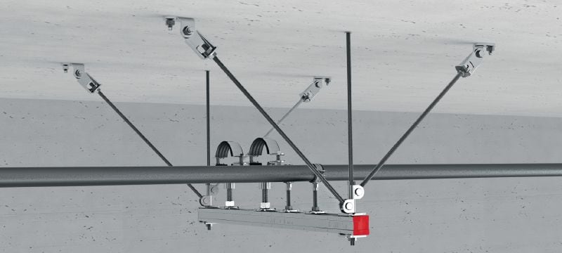 MQS-H 支撐連接件 鍍鋅預組裝螺桿支撐連接件提供更大的調節角度，可連接 2 個螺桿，適用於各式耐震應用 應用 1